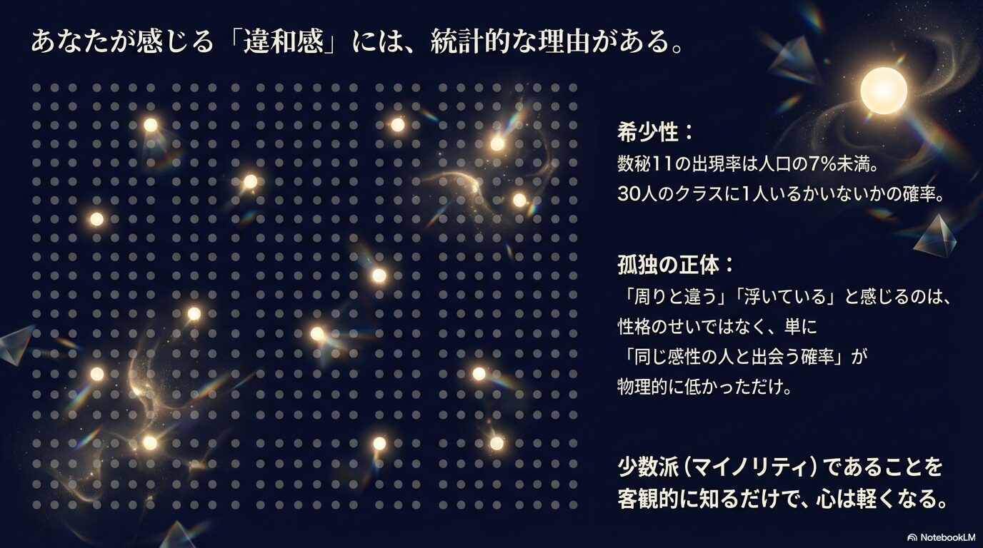 数秘11の出現率は人口の7%未満であり、孤独感は確率的な問題であることを解説した図