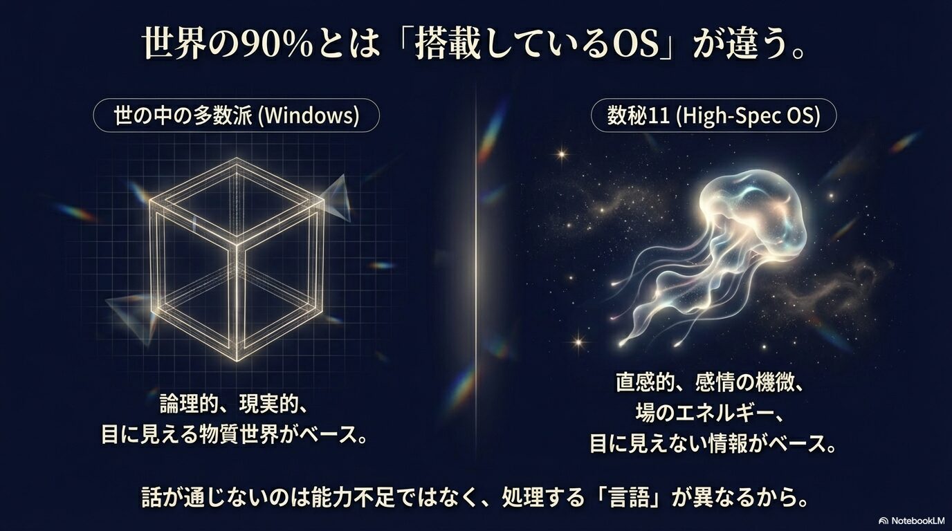 世の中の多数派（Windows）と数秘11（ハイスペックOS）の見ている世界の違いを比較した図