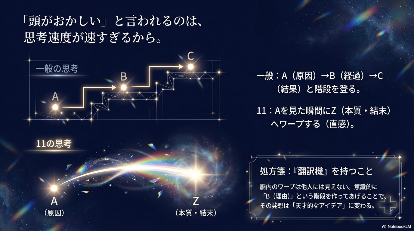 一般的な思考（階段）と数秘11の思考（直感的ワープ）の違いと、翻訳機の必要性を解説した図