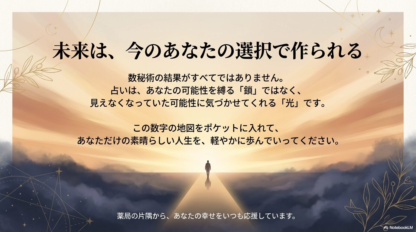 数秘術の結論メッセージ。占いは可能性を縛る鎖ではなく、可能性に気づかせる光であるというメッセージスライド。