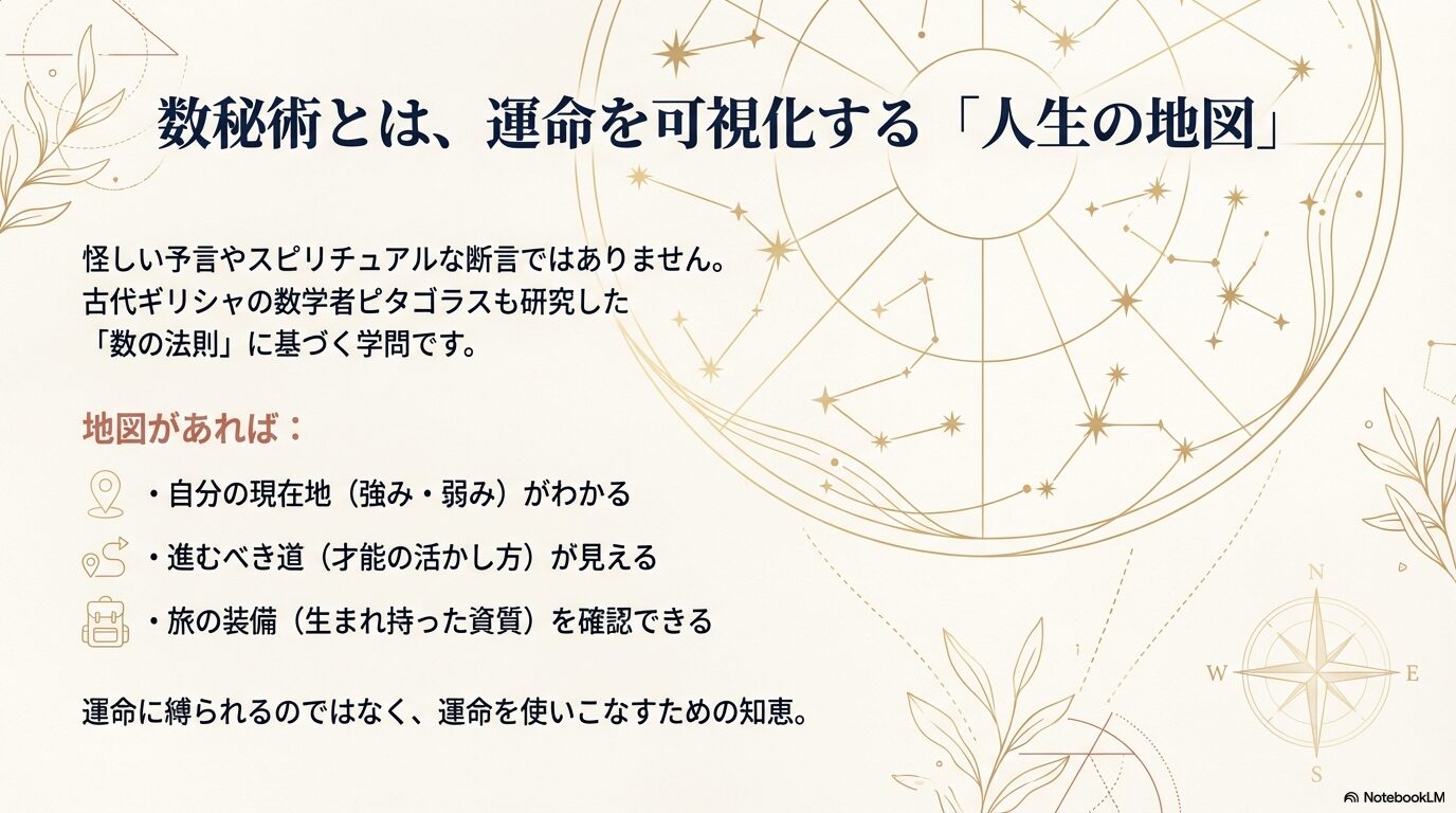 数秘術の概念図。運命を可視化する人生の地図として、現在地、進むべき道、装備を確認できることを示しているスライド。