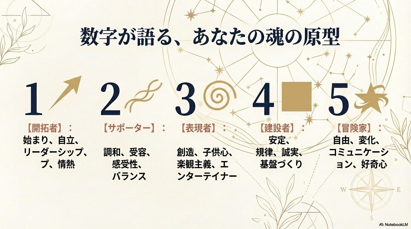 運命数1（開拓者）、2（サポーター）、3（表現者）、4（建設者）、5（冒険家）のキーワードと特性をまとめた一覧。