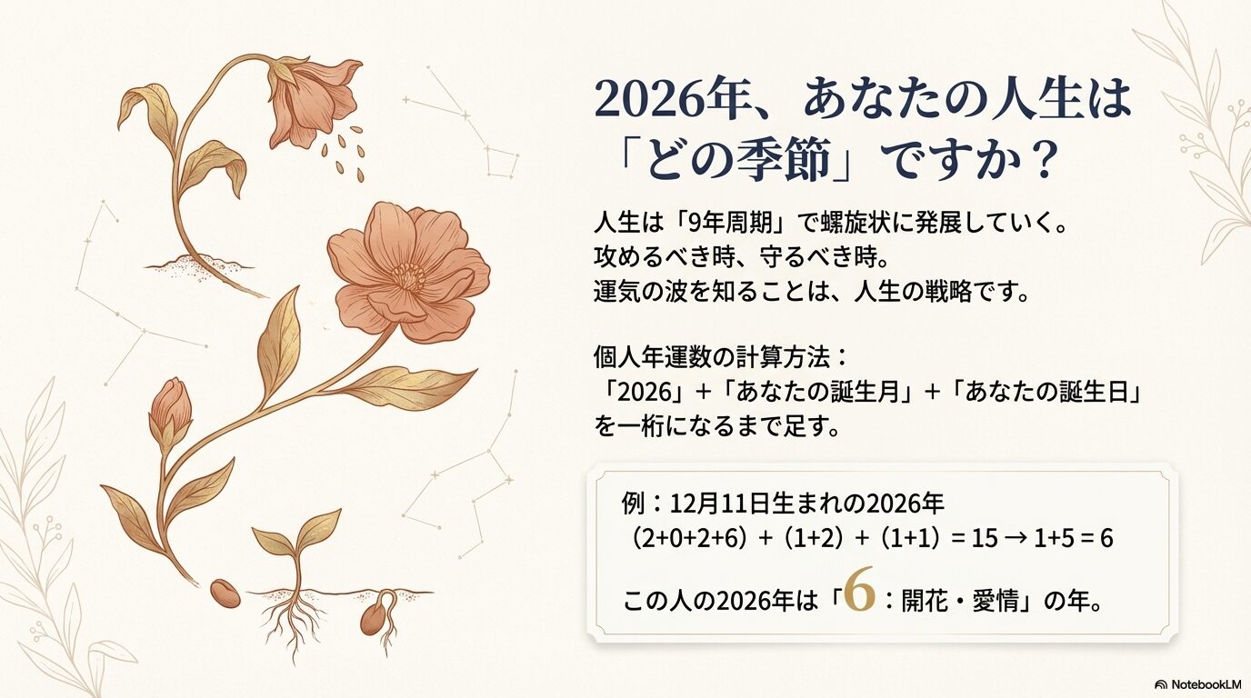 2026年の運勢を知るための個人年運数の計算方法。2026と誕生月と誕生日を足して算出する手順と例。