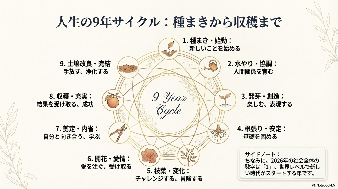 人生の9年サイクルの詳細。1（種まき）から9（完結）までの各年のテーマと過ごし方を植物の成長に例えた図。