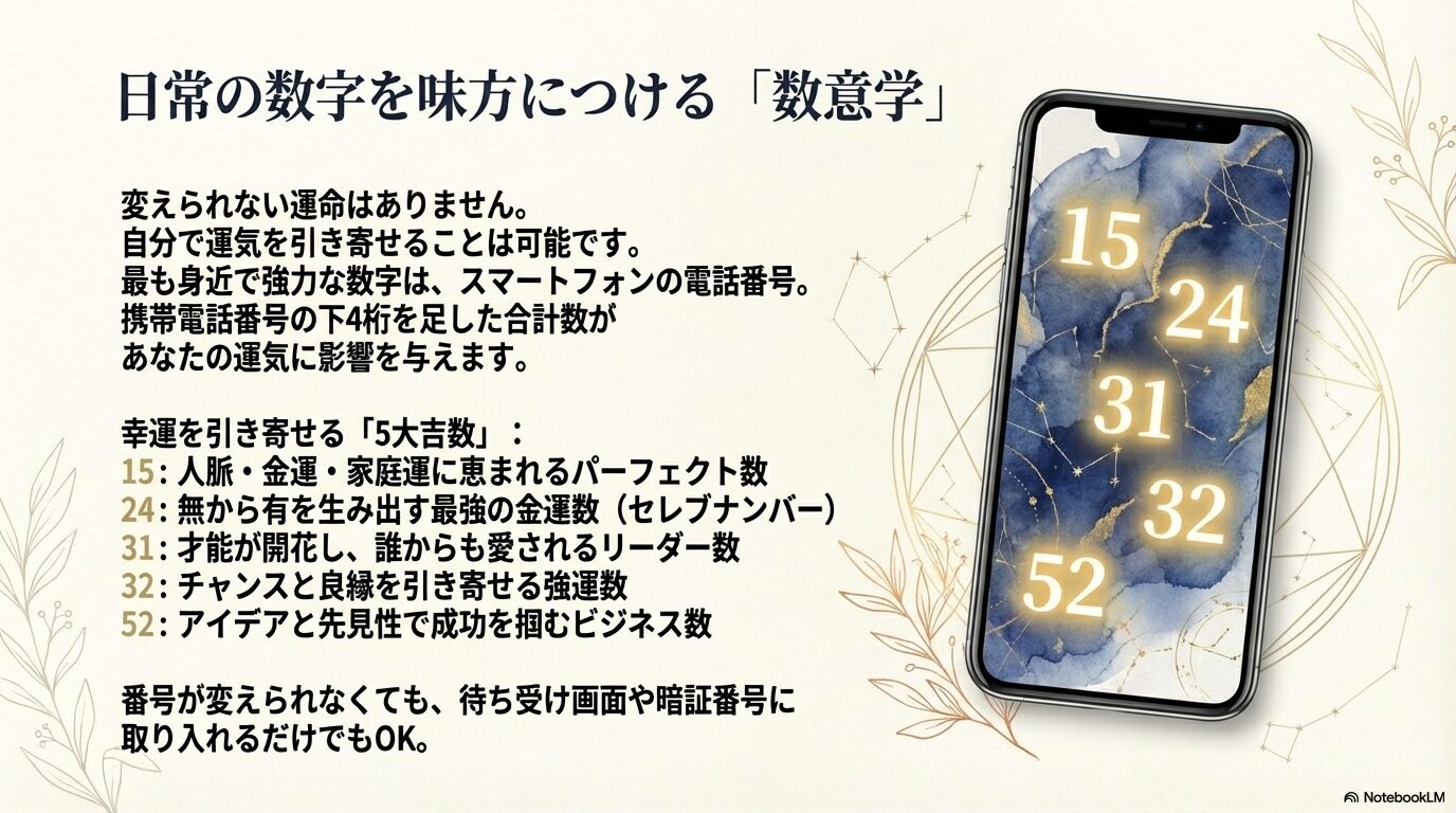 携帯電話番号の下4桁を足した合計数で運気を見る数意学の解説。幸運を引き寄せる5大吉数（15, 24, 31, 32, 52）の意味。