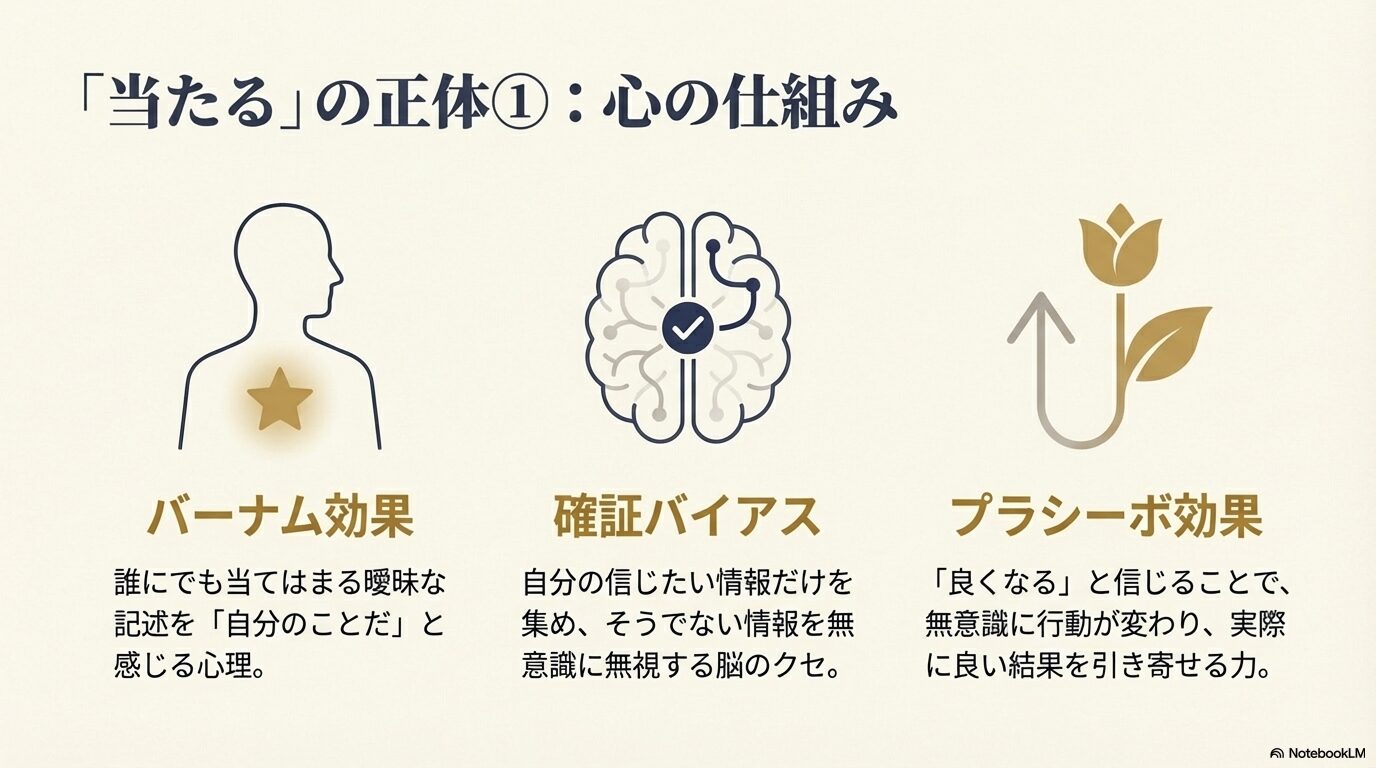 バーナム効果や確証バイアスなど、脳の心理的働きと占いの関係を示した図解