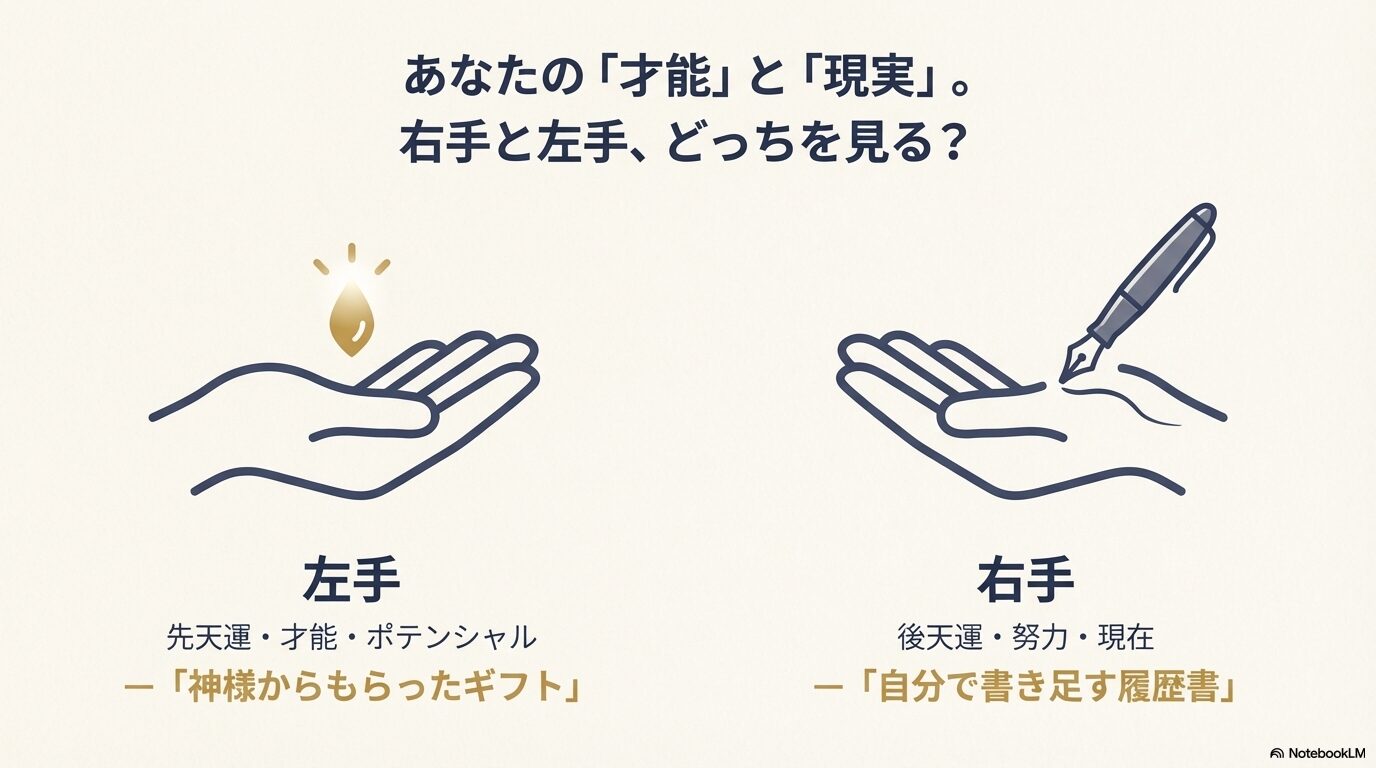 左手は先天的な才能（ギフト）、右手は後天的な努力（履歴書）を表すことを示したイラスト