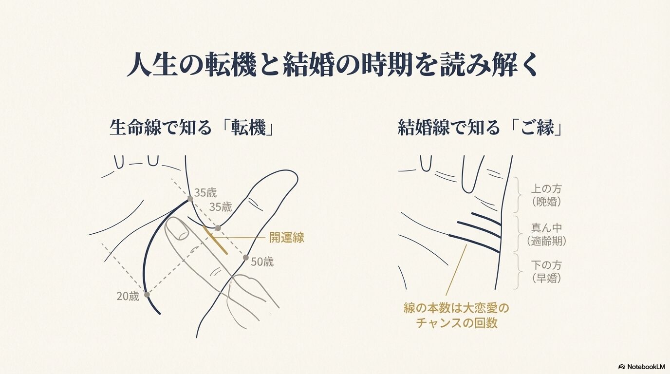 生命線による年齢の読み取り方（20歳、35歳、50歳）と、結婚線の位置による婚期（早婚・晩婚）を示した解説図
