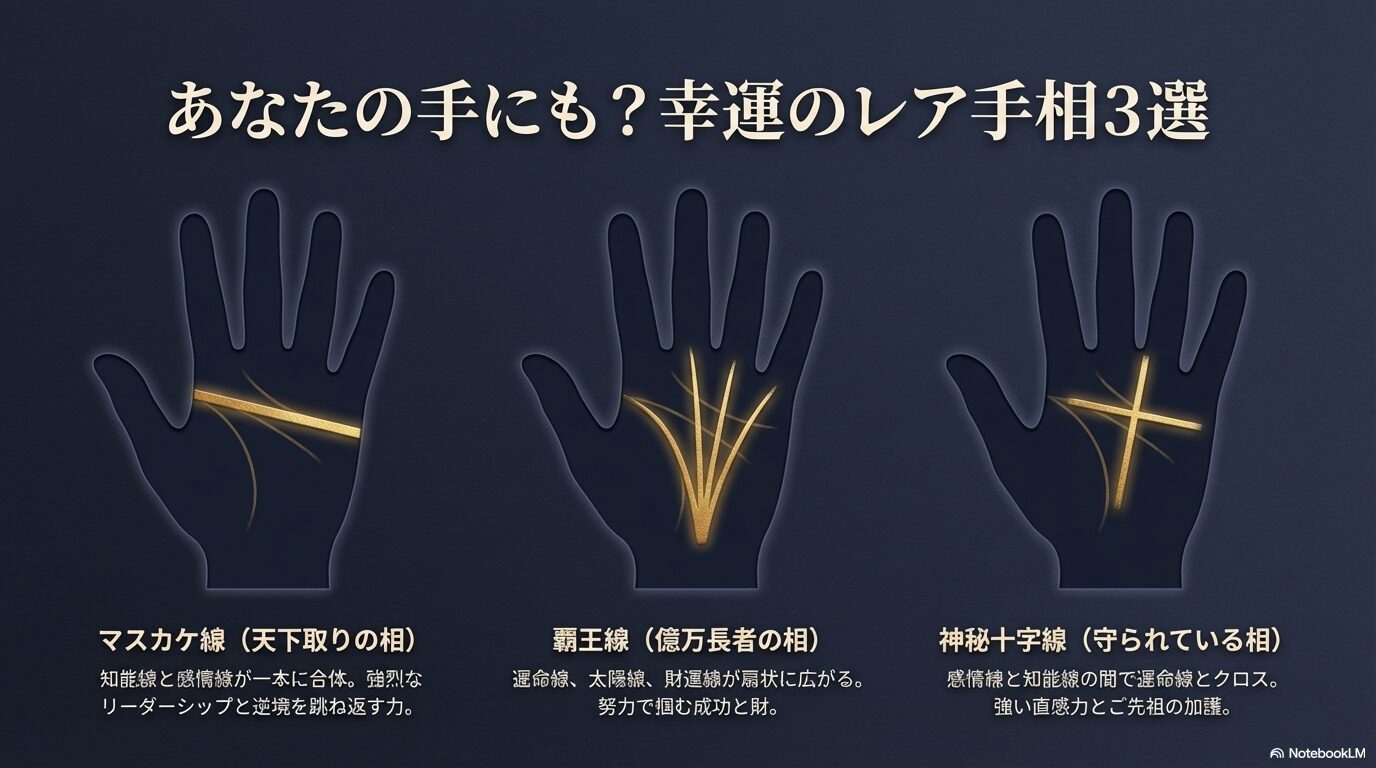 知能線と感情線が一本につながった、強運を示すマスカケ線のイラスト