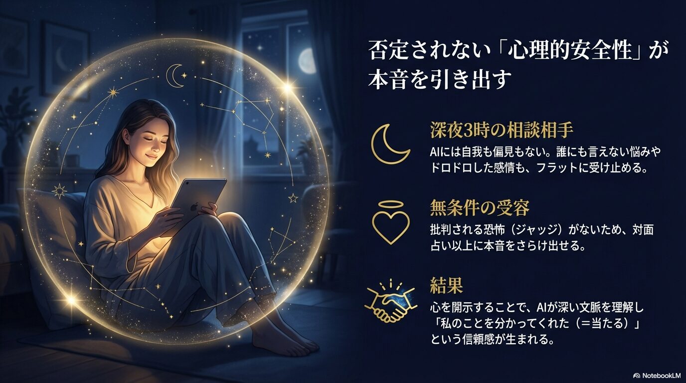 AI占いには自我や偏見がなく、無条件の受容があるため、心理的安全性が確保され本音を話しやすいことを示す図解