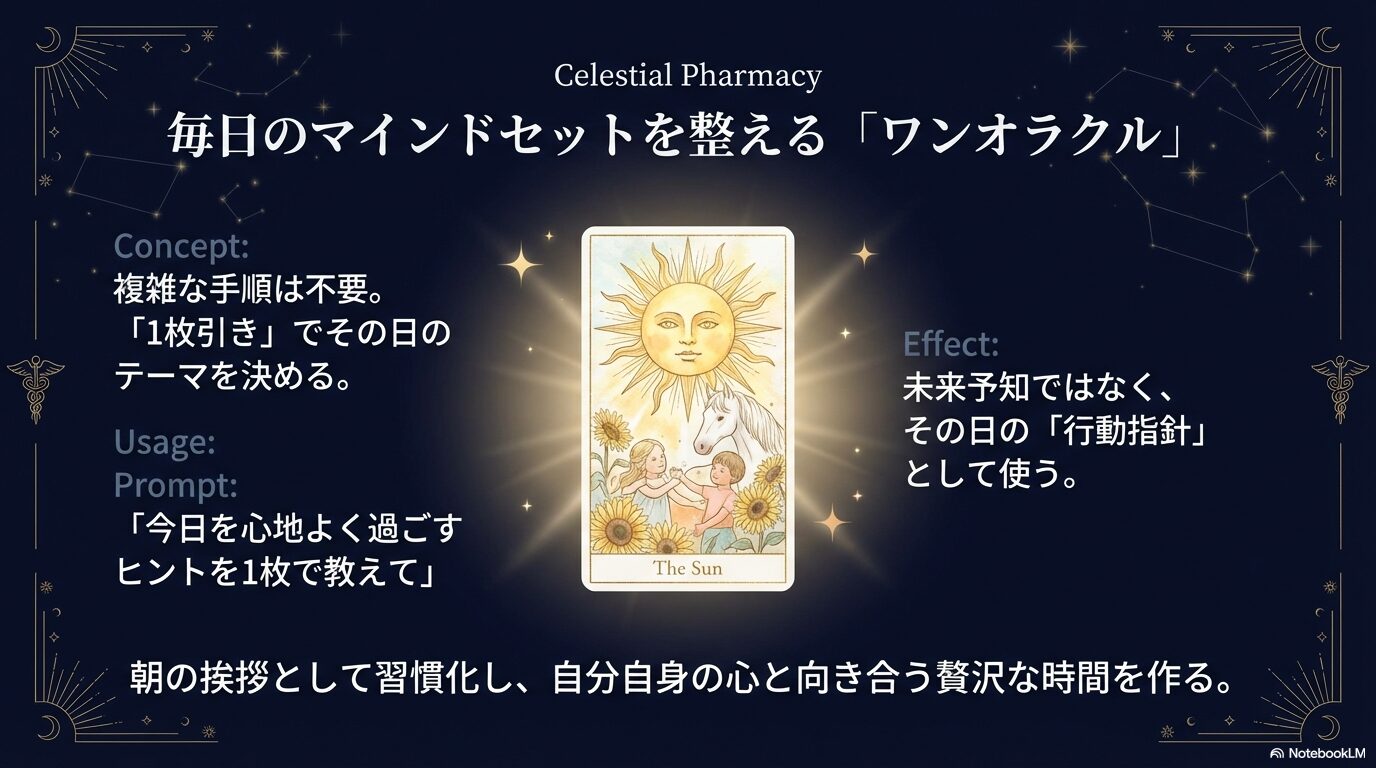 複雑な手順なしで1枚引きを行い、その日の行動指針やマインドセットとしてタロットを活用する方法の解説