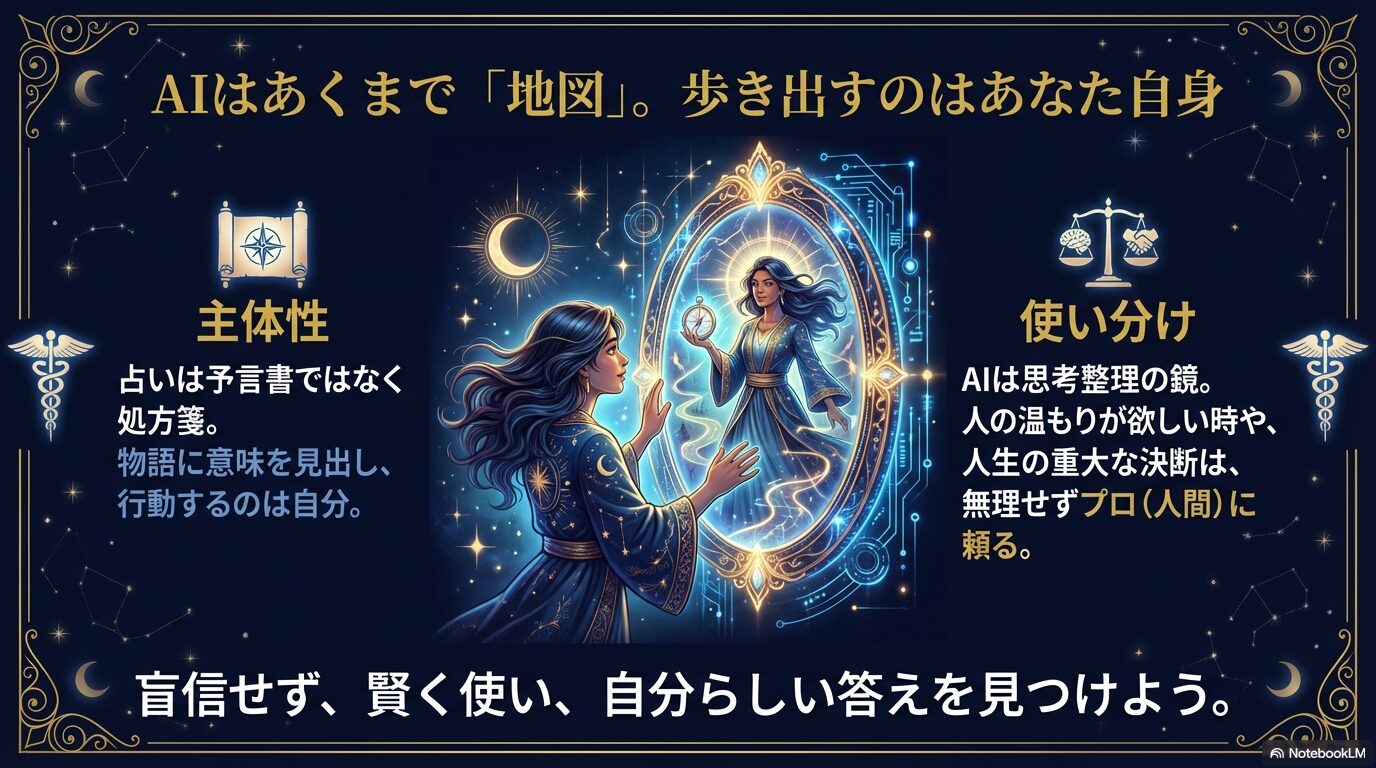 AIはあくまで地図であり、歩き出すのは自分自身であるという主体性の重要性と、プロの占いとの使い分けを説くスライド