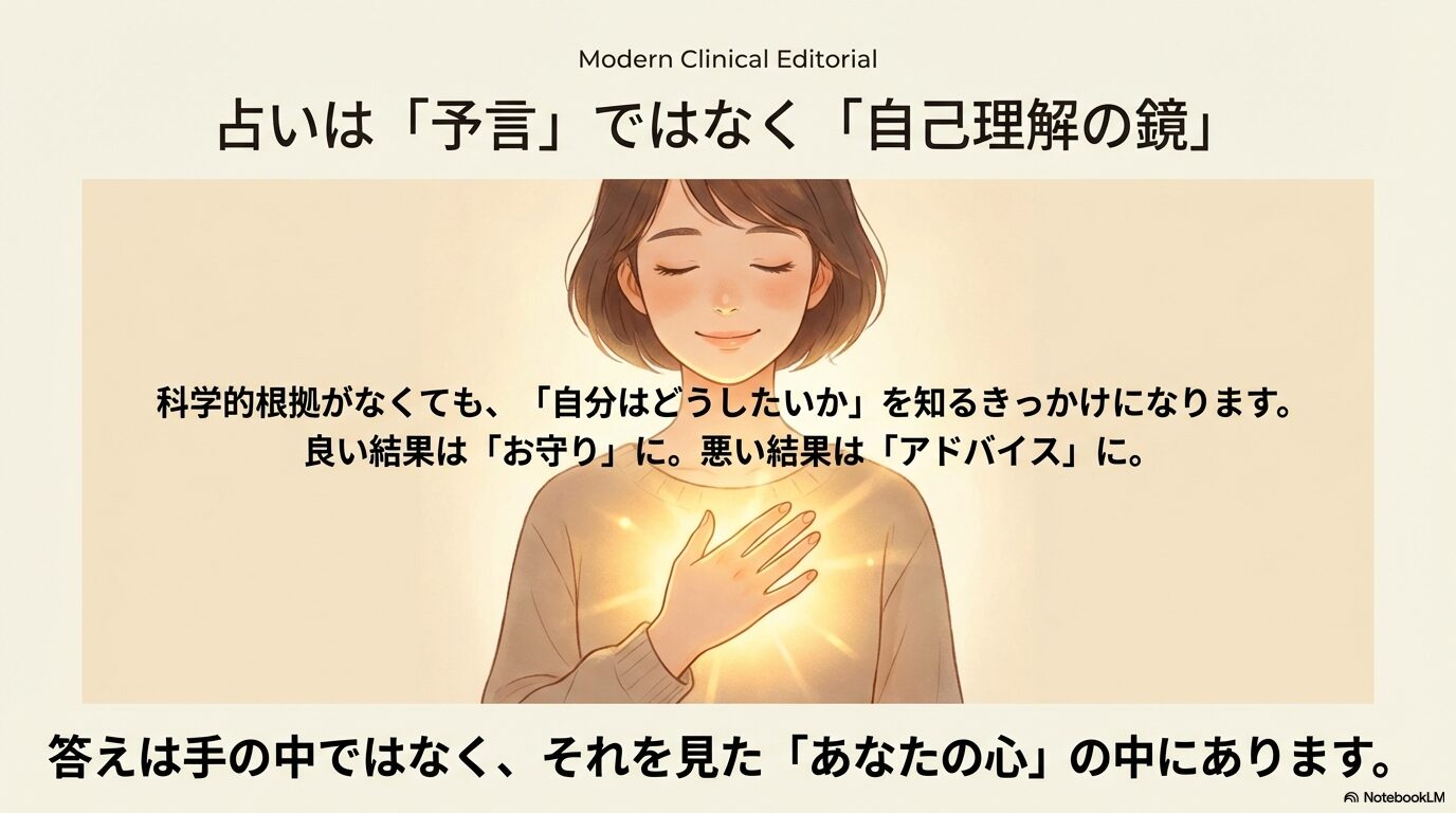 胸に手を当てて穏やかに微笑む女性のイラスト。手相占いは予言ではなく、自己理解の鏡として前向きに活用し、良い結果はお守りに、悪い結果はアドバイスとして受け取るべきという結論スライド。