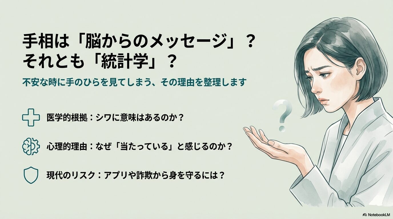 自分の手を見て悩む女性のイラスト。「脳からのメッセージか統計学か」という疑問に対し、医学的根拠、心理的理由、現代のリスクという3つの視点で解説することを示したスライド。