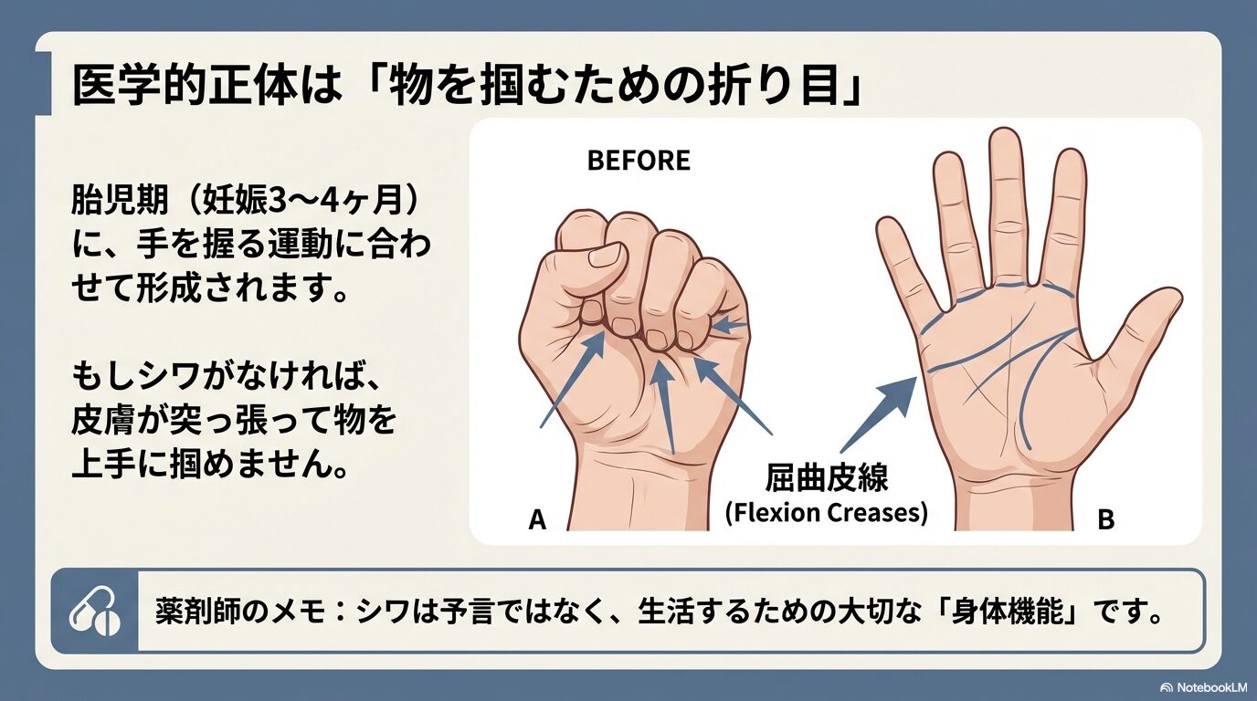 手を握った状態と開いた状態の比較図解。手相のシワ（屈曲皮線）は、胎児期に手を握る運動に合わせて形成される「物を掴むための折り目」であることを示した医学的解説イラスト。