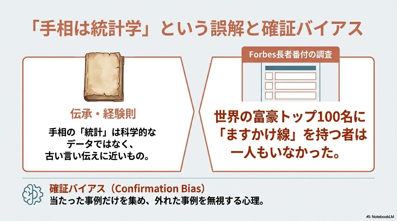 「手相は統計学」という誤解についての解説。Forbes長者番付の調査でますかけ線を持つ富豪がいなかったデータや、当たった事例だけを信じる確証バイアスの心理を図解したスライド。