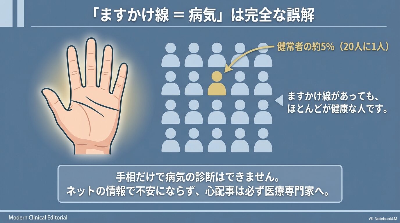 多くの人ごみの中で一人がピックアップされているイラスト。ますかけ線（猿線）は健常者の約5%（20人に1人）にも見られる特徴であり、手相だけでダウン症などの病気診断はできないことを強調した解説スライド。