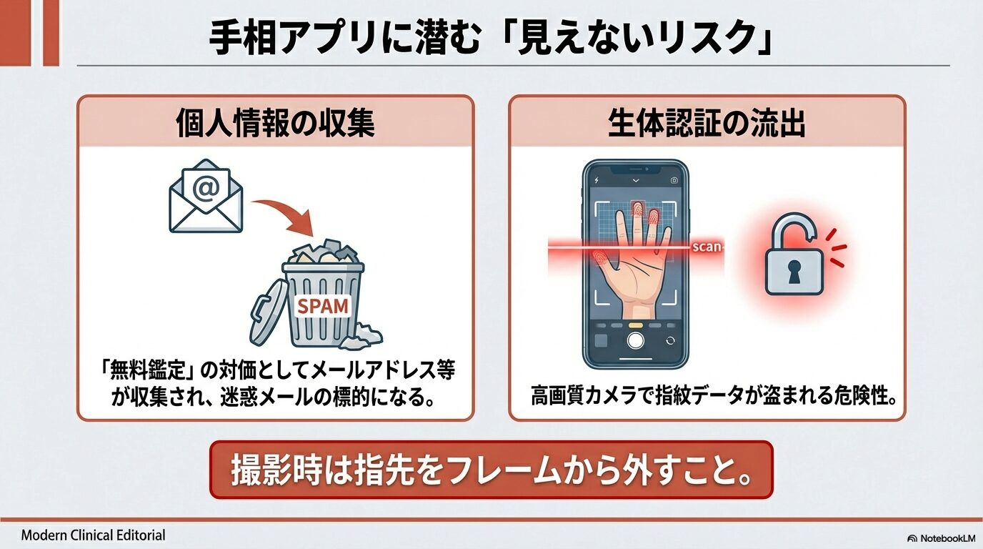 スマートフォンで手のひらをスキャンするイラストと、迷惑メール（SPAM）のイメージ。無料鑑定と引き換えに個人情報が収集されるリスクや、高画質カメラによる指紋データ盗難の危険性を図解したスライド。
