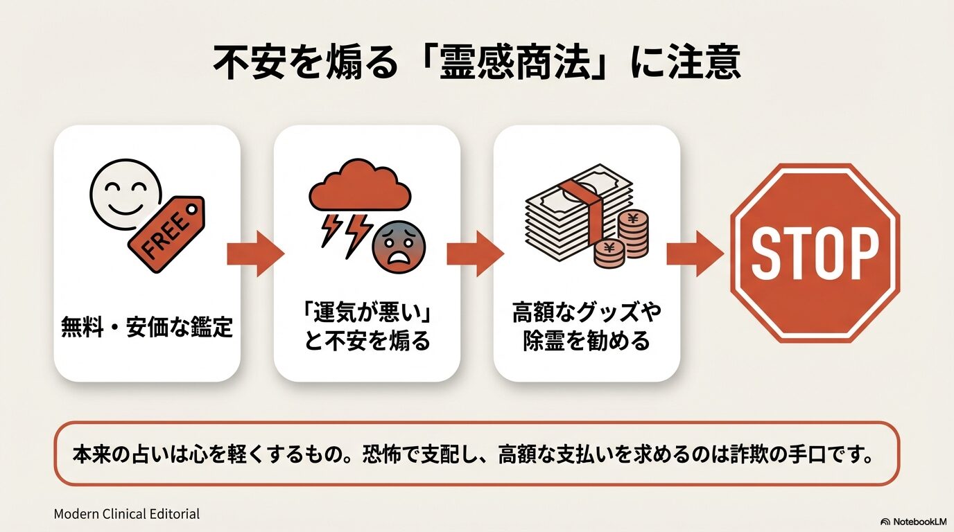 お金が飛んでいくイラストとSTOPマーク。無料や安価な鑑定から入り、不安を煽って高額な除霊や開運グッズ販売へ誘導する霊感商法の詐欺手口について注意喚起するスライド。