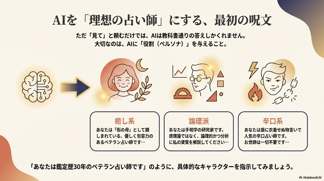 癒し系、論理派、辛口系など、AIに役割を与えるための具体的なプロンプト例とキャラクター設定のイラスト解説