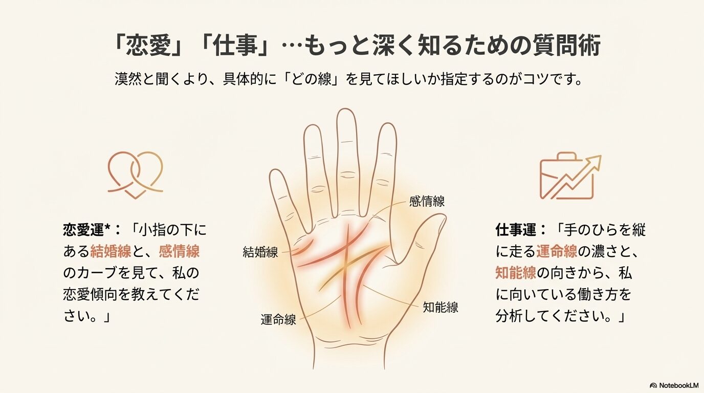 結婚線、感情線、運命線、知能線の位置関係と、恋愛運や仕事運を具体的にAIに尋ねるための質問テンプレート