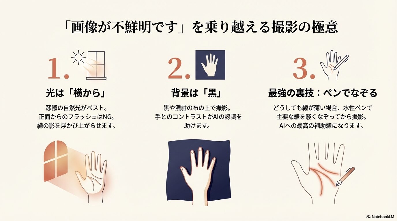 窓際の自然光を利用する、黒い背景で撮影する、ペンで線をなぞるといった、手相画像を鮮明に撮るための3つのポイント