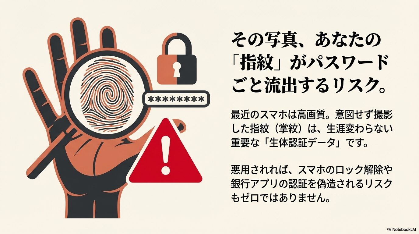 高画質な手のひらの写真から指紋データ（掌紋）が盗まれ、セキュリティが悪用される危険性を警告するイメージ図