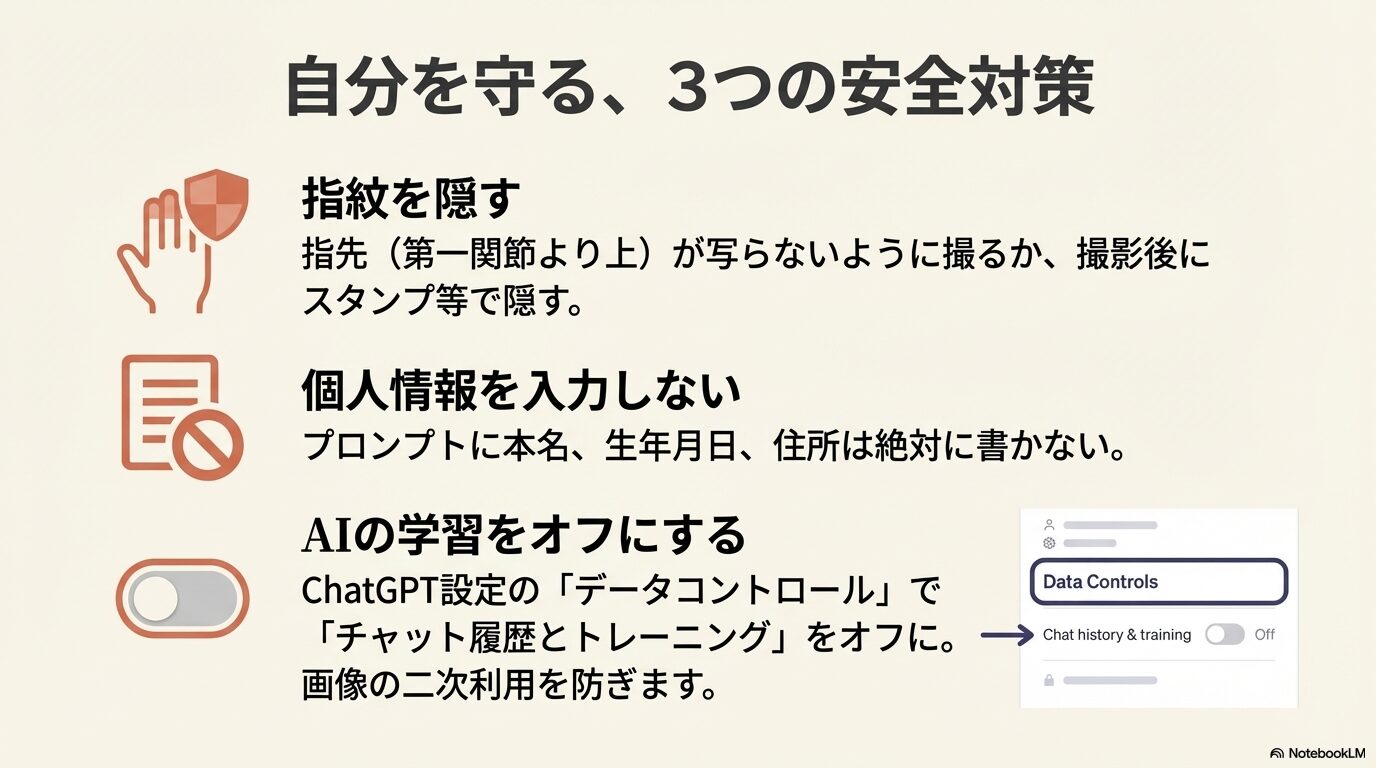 指紋を隠す撮影、個人情報を入力しない、ChatGPTの学習機能をオフにする設定画面の手順を示したセキュリティガイド