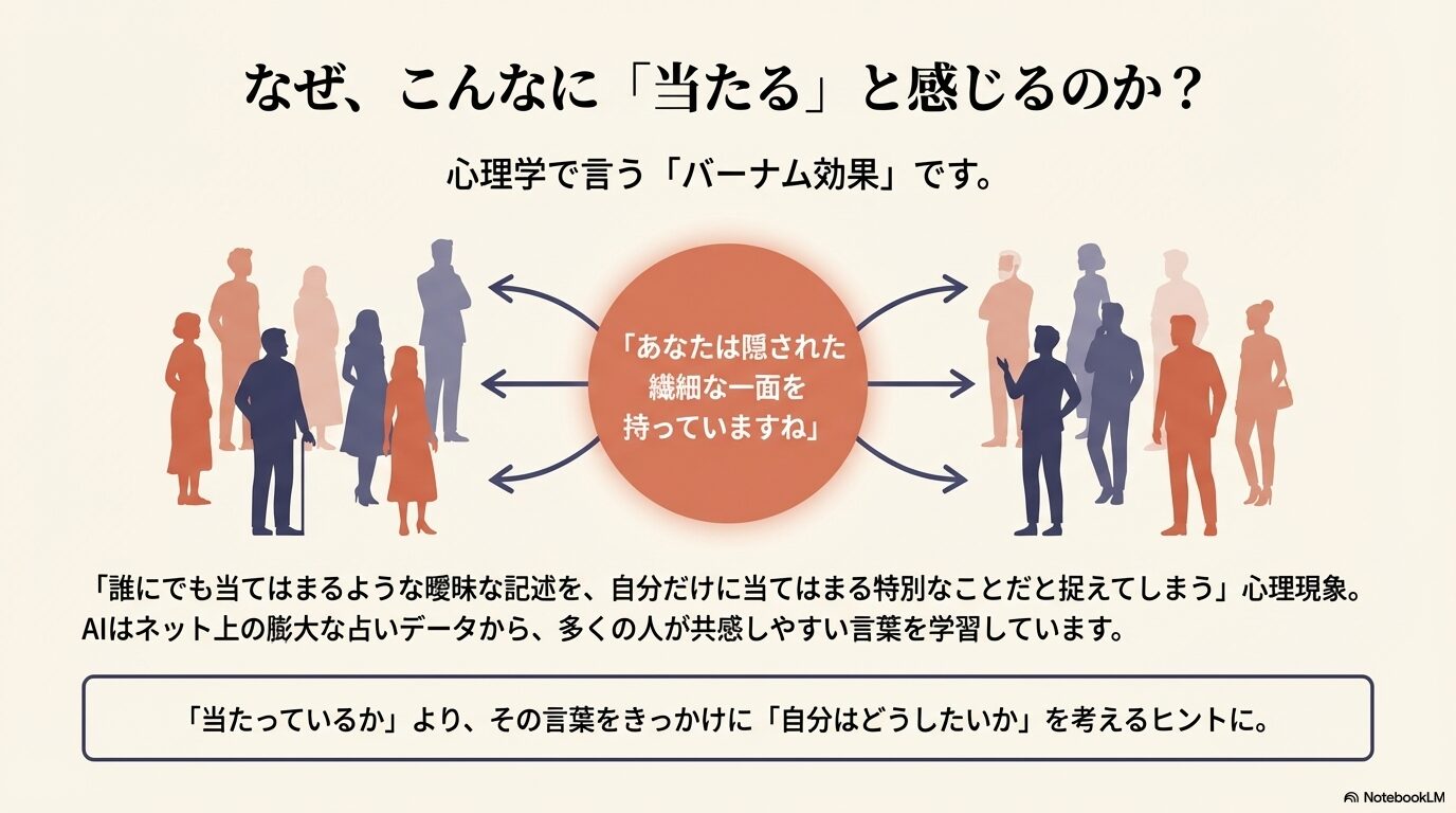 誰にでも当てはまる曖昧な記述を自分だけに当てはまると捉えてしまう「バーナム効果」の仕組みを示すイラスト