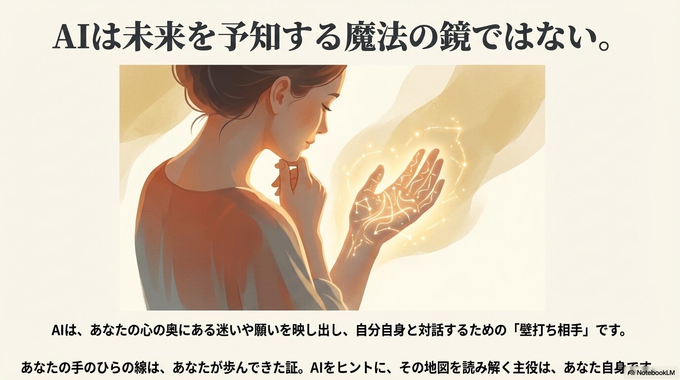 AI占いは未来予知ではなく、自分の内面にある願いや迷いを映し出す鏡であり、主役は自分自身であることを表現したイラスト