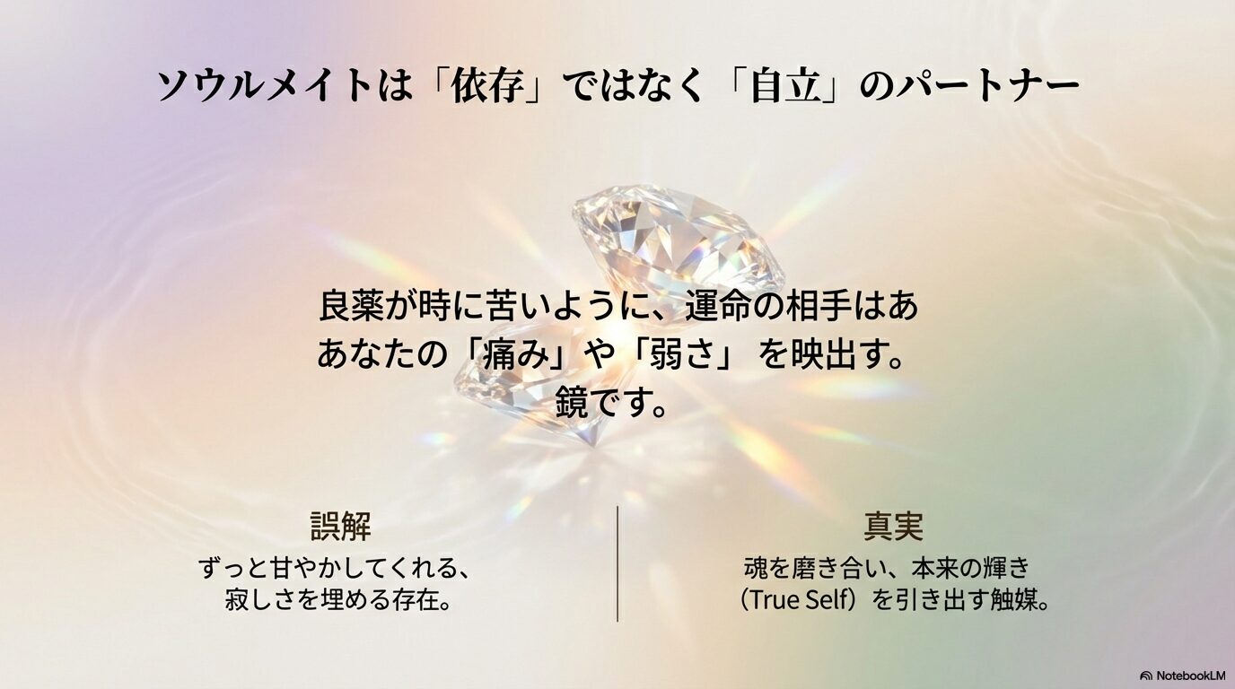 ソウルメイトがただ甘やかしてくれる存在ではなく、魂を磨き合う触媒であることを示す図