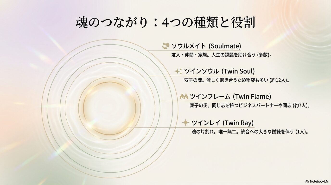 ソウルメイト、ツインソウル、ツインフレーム、ツインレイの4つの分類とそれぞれの特徴