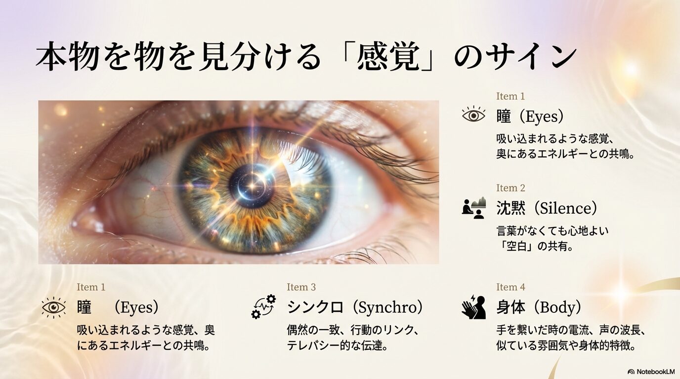 瞳の吸い込まれる感覚、沈黙の心地よさ、シンクロニシティなど、本物を見分ける4つのポイント