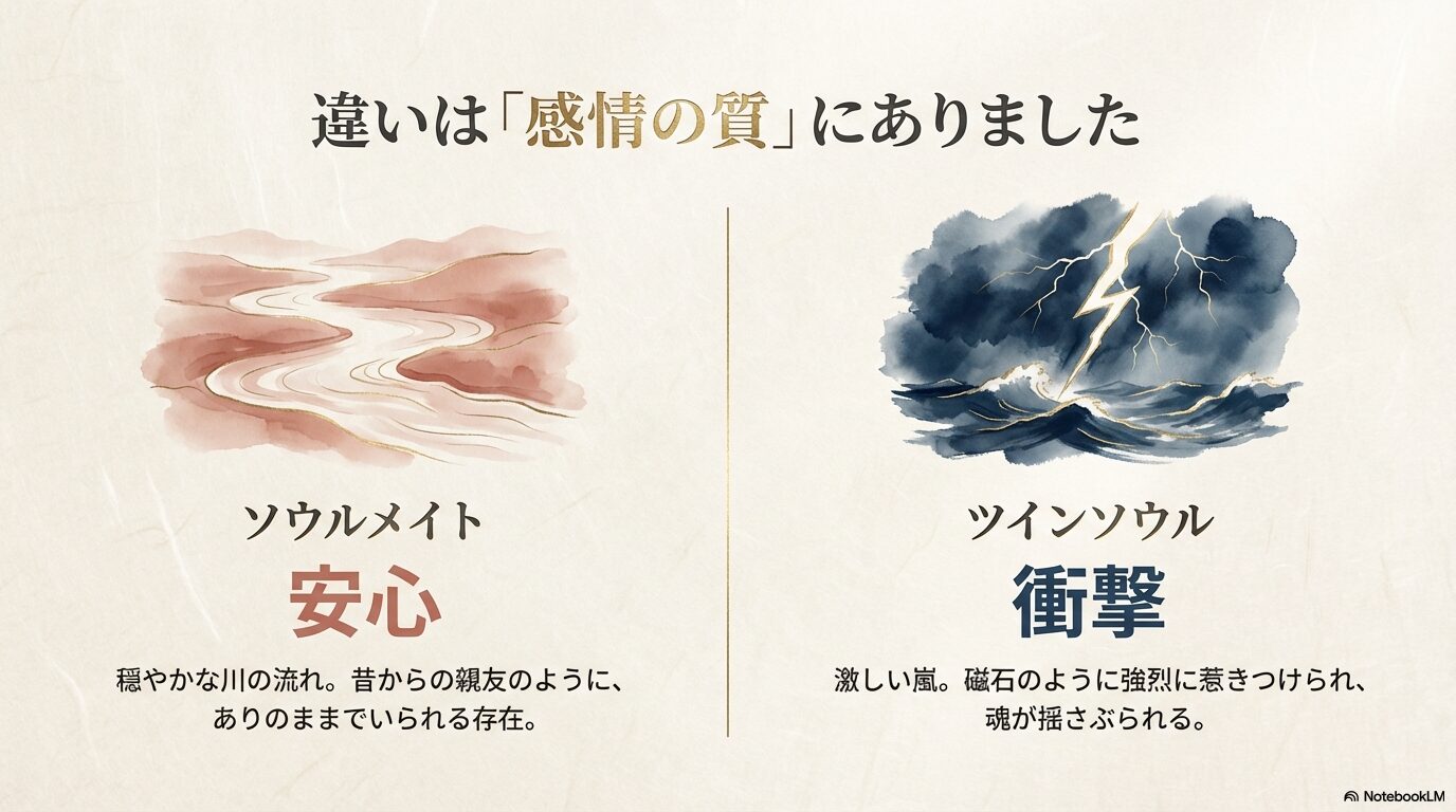 穏やかな川の流れ（ソウルメイト）と激しい嵐や雷（ツインソウル）の感情の質の違いを表したイメージイラスト