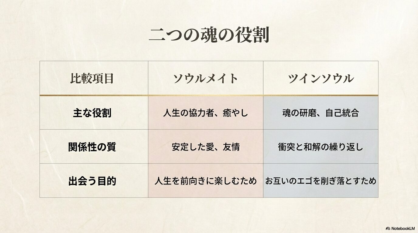 人生の協力者であるソウルメイトと、魂の研磨をおこなうツインソウルの役割・関係性・目的をまとめた比較表