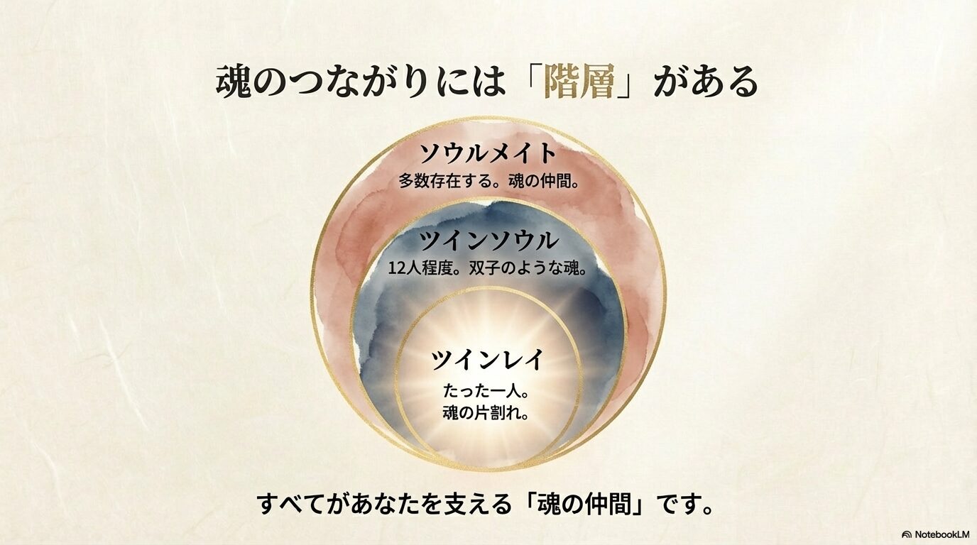 多数のソウルメイトの中にツインソウルが存在し、中心にたった一人のツインレイが存在することを示す階層構造図