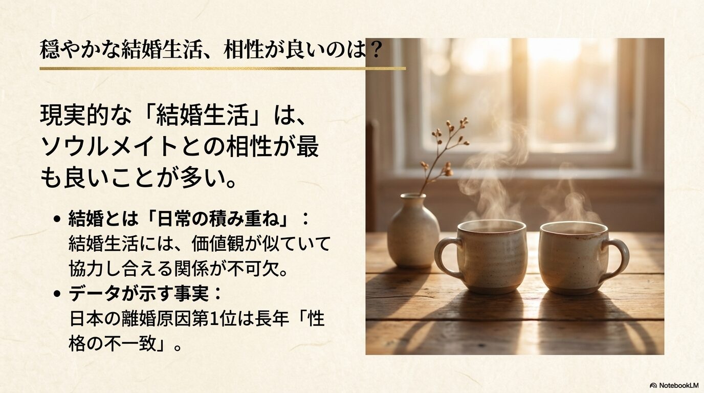 穏やかな結婚生活にはソウルメイトが適している理由と、日本の離婚原因1位が「性格の不一致」であるデータを示したスライド