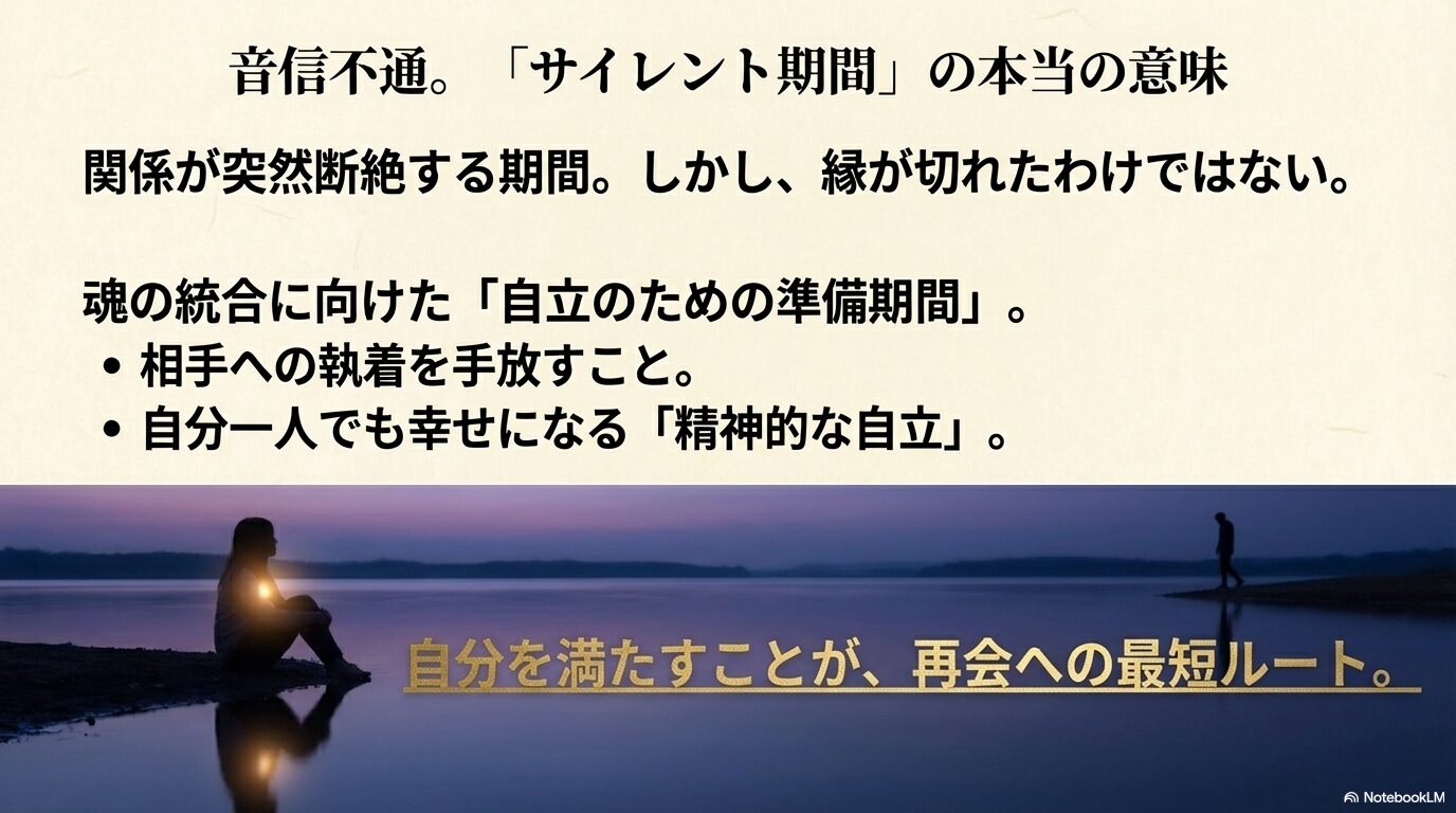 音信不通の期間（サイレント期間）は、執着を手放し精神的に自立するための準備期間であることを解説したスライド