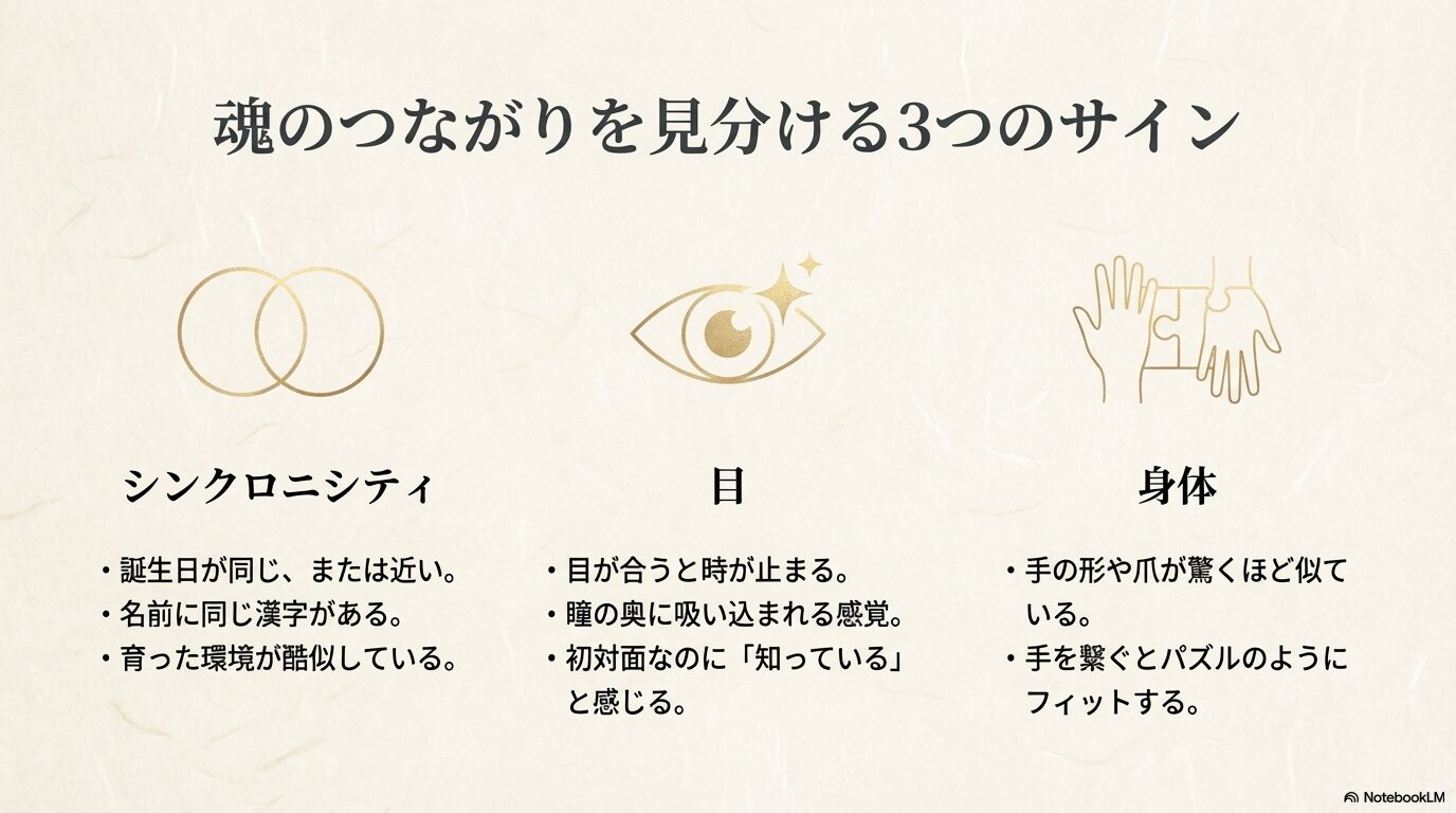 シンクロニシティ、目、身体的特徴の3つの観点から運命の相手を見分けるポイントをまとめたリスト