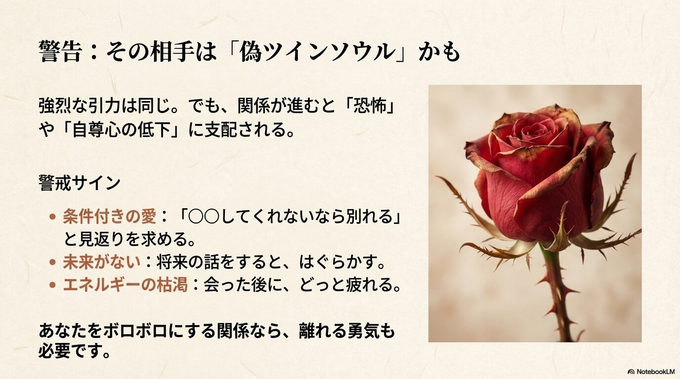 美しいが棘がある薔薇のイラストと共に、条件付きの愛や未来がない関係など、偽ツインソウルの特徴的なサインを解説