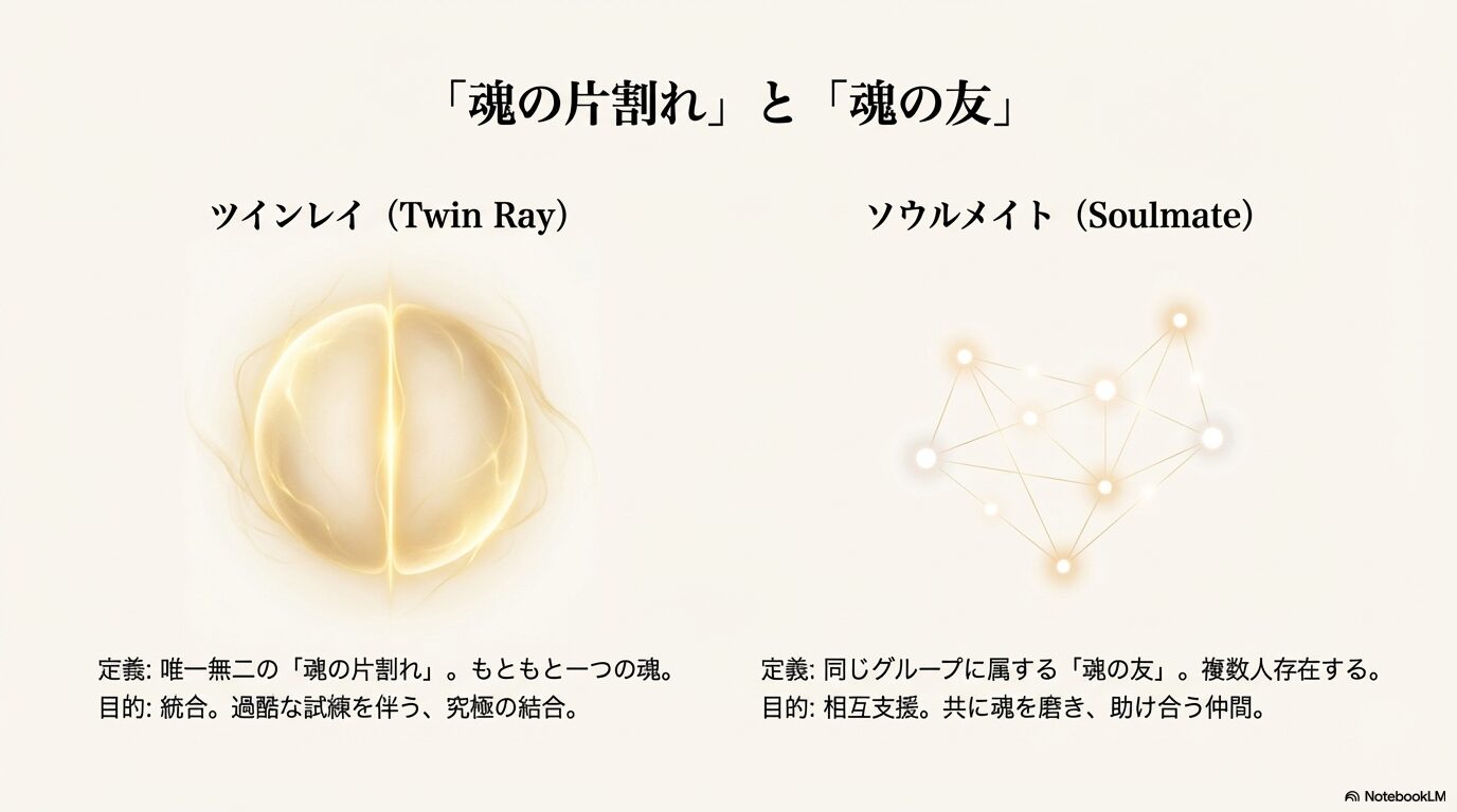 魂の片割れ（ツインレイ）と魂の友（ソウルメイト）の定義・目的・人数の違いを解説した比較図
