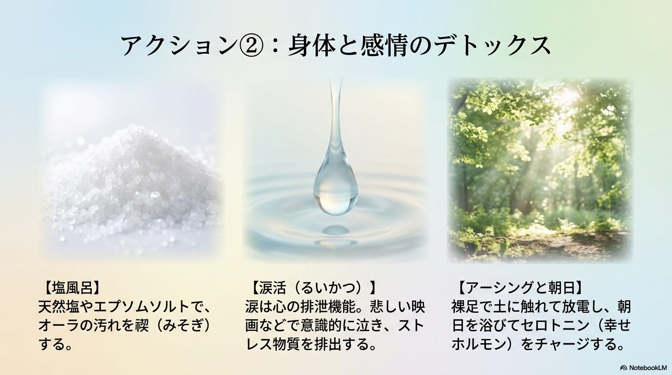 塩風呂、涙活、アーシングと朝日浴による身体と感情のスピリチュアルデトックス