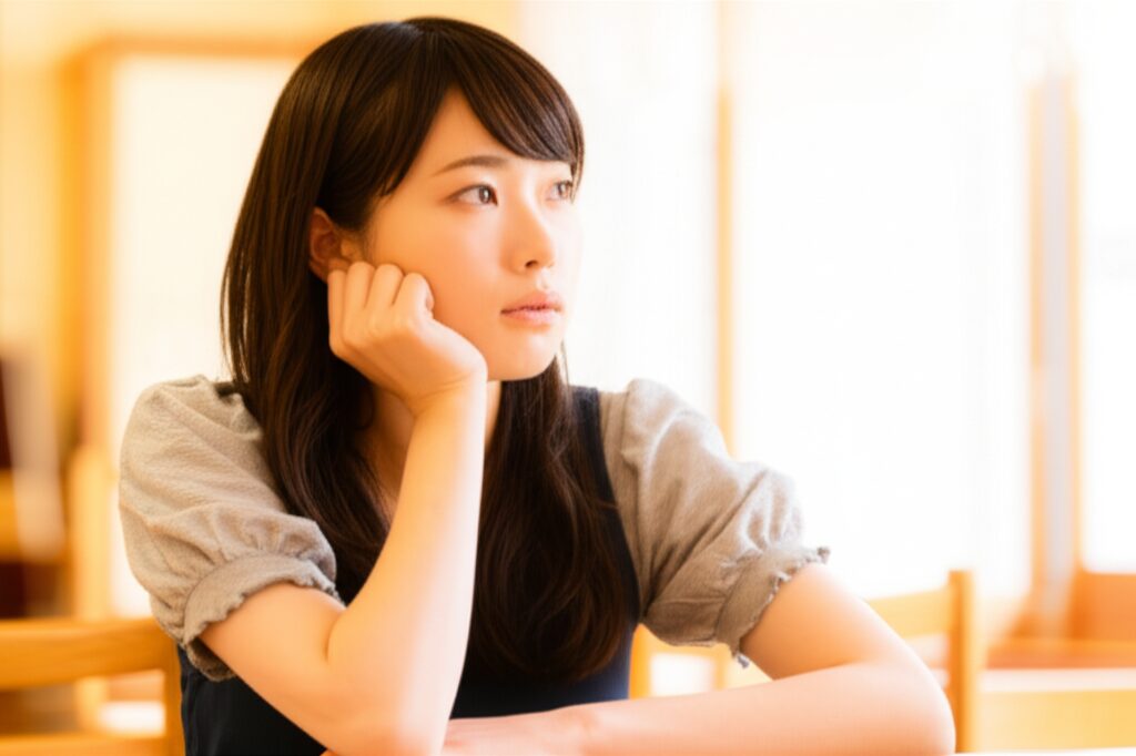 漠然とした不安を抱え、遠くを見つめて考え込んでいる様子の日本人女性。静かで落ち着いた室内で、自分の心と向き合っている様子が描かれています。