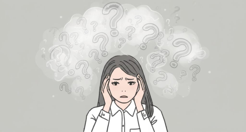 何が不安なのか分からず、頭の中がもやもやしている様子の日本人女性。不確かさによる心の混乱が、抽象的な思考の渦で表現されています。