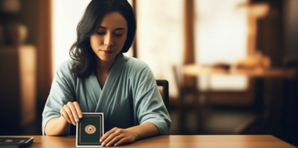 一枚のタロットカードを静かにめくり、そこに込められたメッセージを受け取ろうとしている日本人女性。自宅でリラックスして自己と向き合う時間が描かれています。