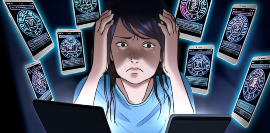 複数の占いアプリやサイトを過度にチェックし、不安げな表情を浮かべる日本人女性。占い依存の危険性を示唆するイメージです。