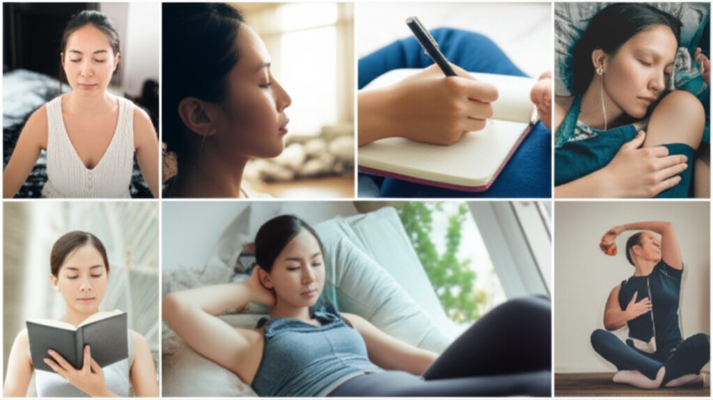 深呼吸、日記、軽いストレッチなど、複数のセルフケアを行って心を整えている日本人女性。心身のバランスを重視した、穏やかな生活習慣の重要性を表しています。