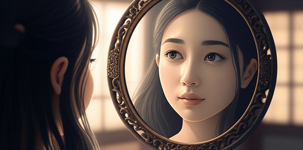 鏡に映る自分を見つめ、自身の感情や本当の気持ちを理解しようとしている日本人女性。占いを自己と向き合うツールとして活用する姿を描いています。