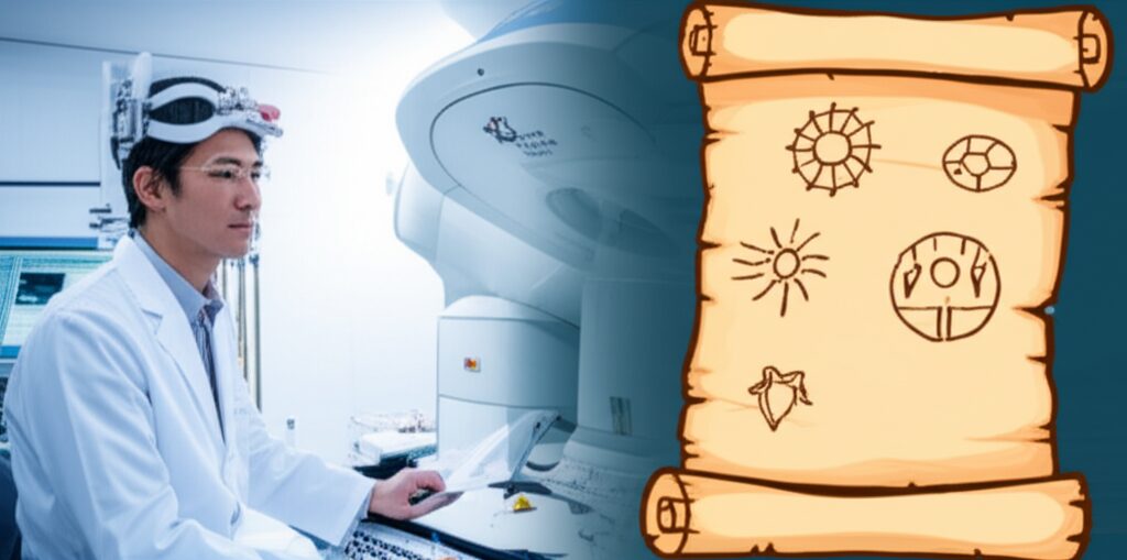 脳科学者と古代の夢占い図解が対比されたイラスト。