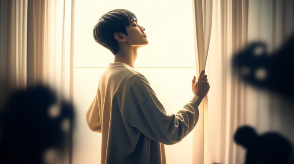 悪い夢を見た後、カーテンを開けて前向きに行動する人のイラスト。